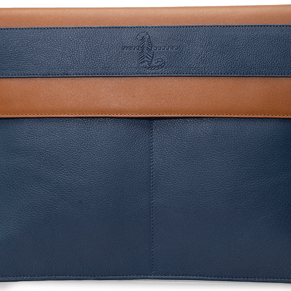 Blue and Tan Leather Laptop Cover