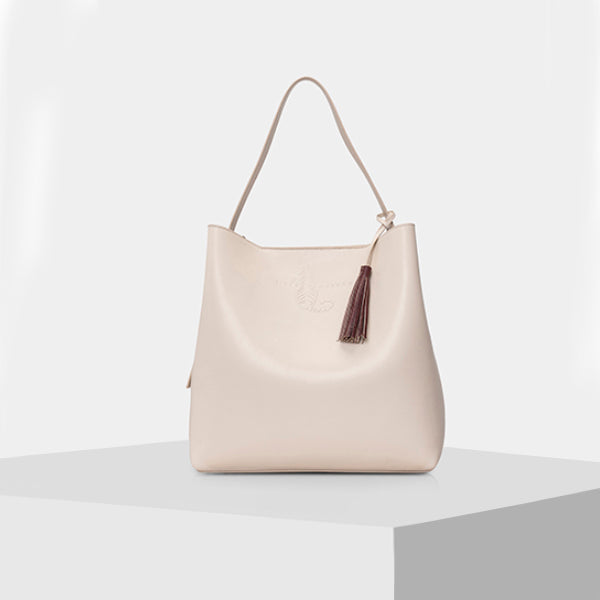 Branded Leather Tote Bag - CREAM & BURGUNDY