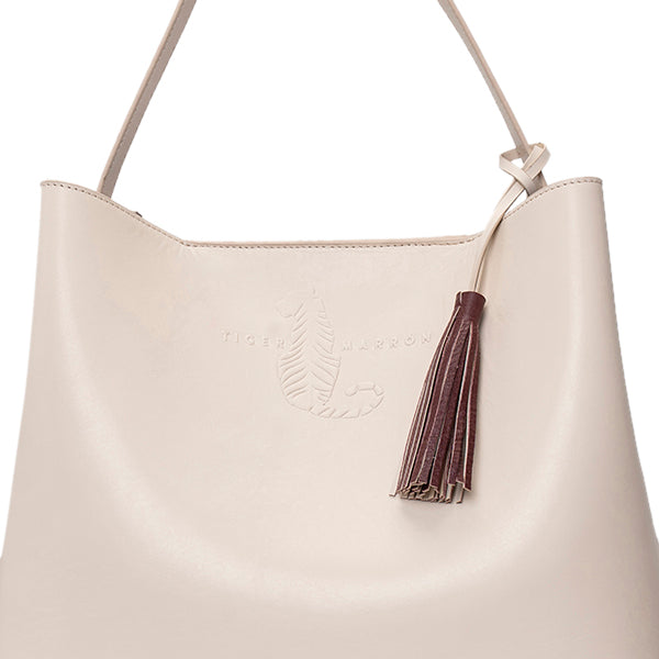 Leather Tote Bag - CREAM & BURGUNDY
