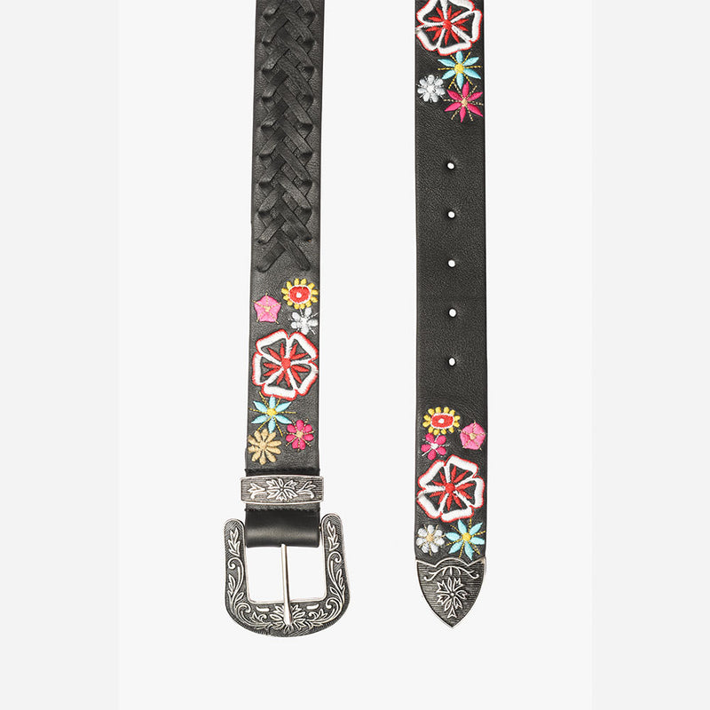 Black Embroidered leather Belt