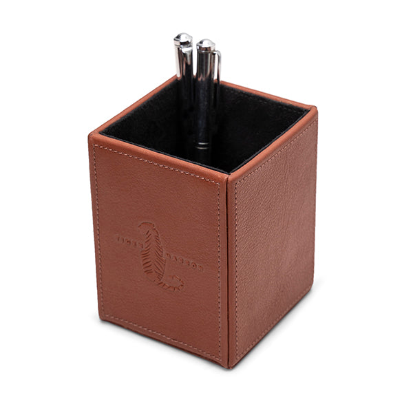 Brown leather office desk accessories