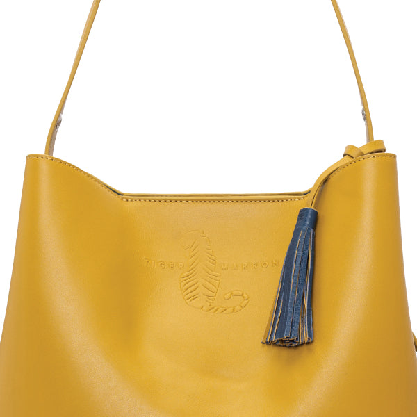 Leather Tote handbag - MUSTARD YELLOW & BLUE