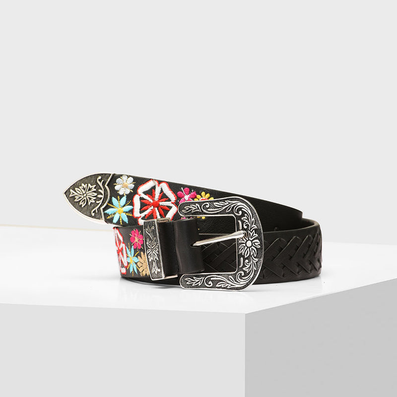 Black Embroidered leather Belts