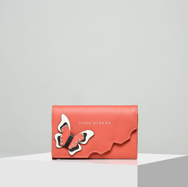 Women Butterfly Effect Top Grain Leather wallet - Coral Red